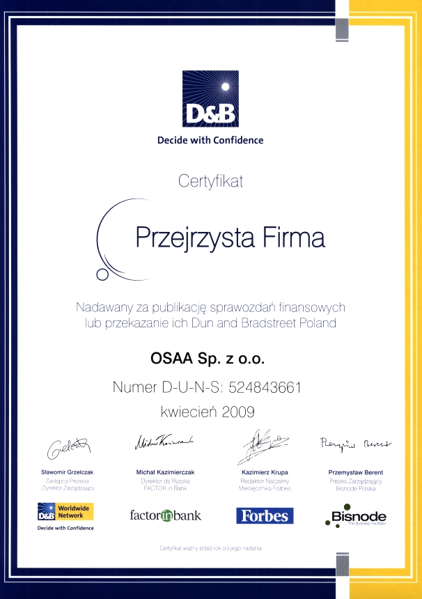 D&B - Certyfikat Przejrzysta Firma